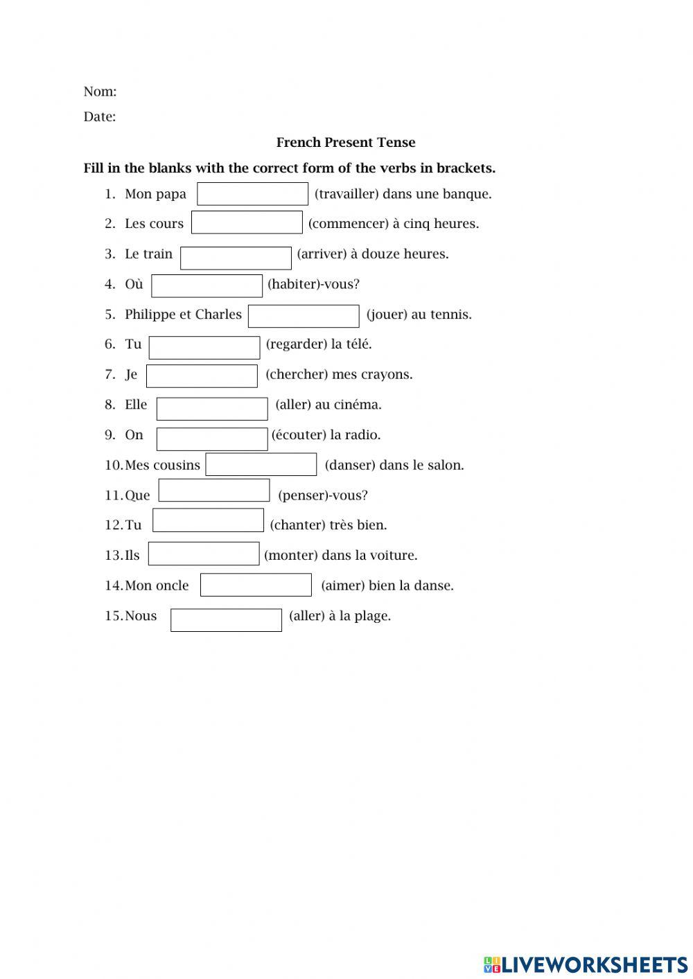 Er Verbs In French Verbes Er Present Tense Worksheet vrogue co