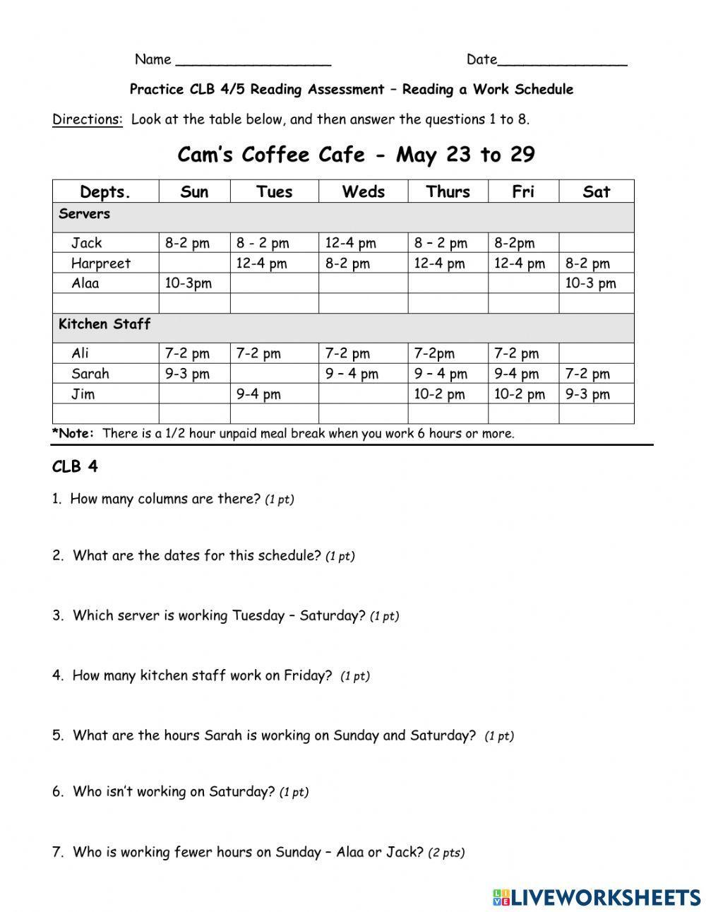 Reading work schedule worksheet | Live Worksheets Reading work schedule worksheet | Live Worksheets
