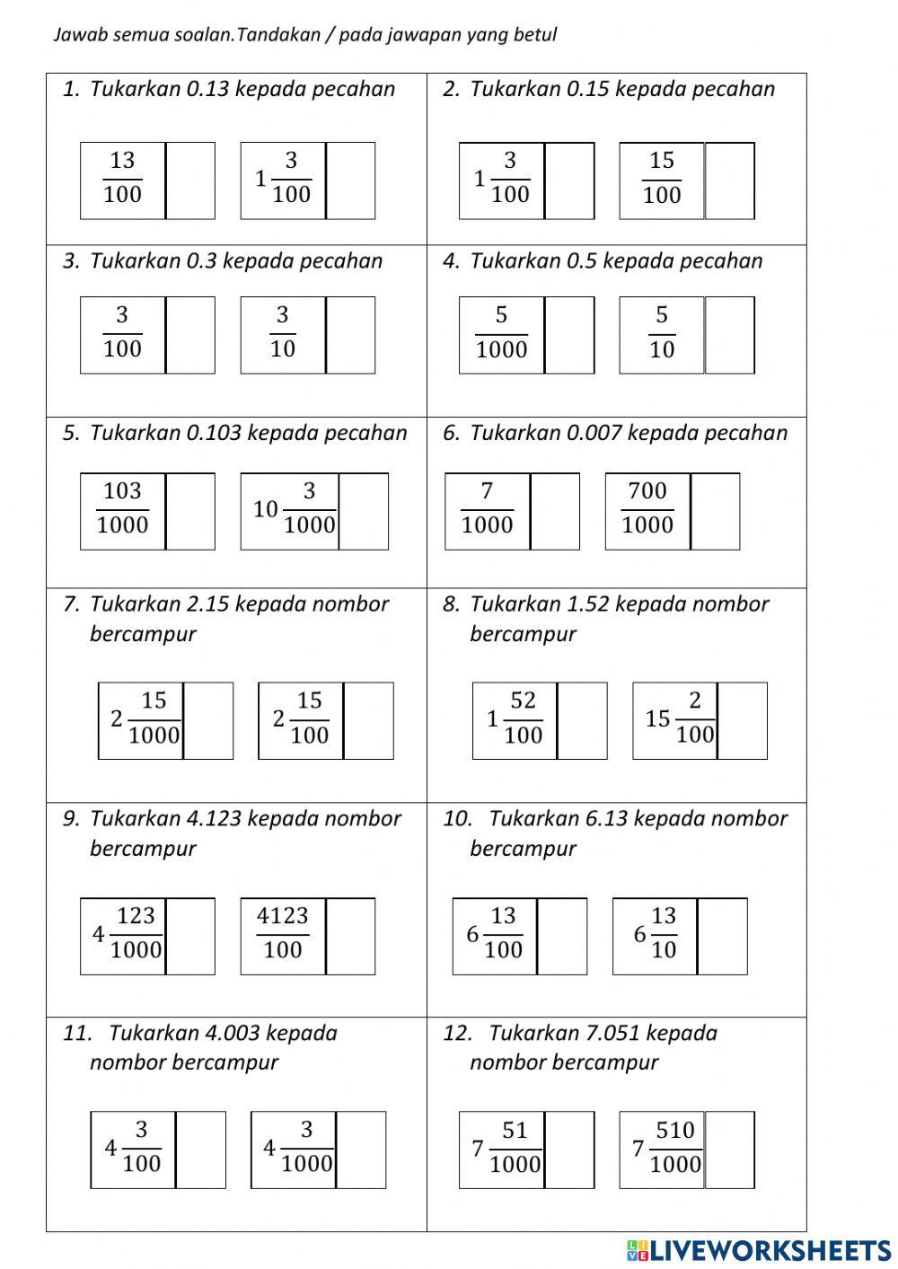 Menukar Perpuluhan Kepada Pecahan