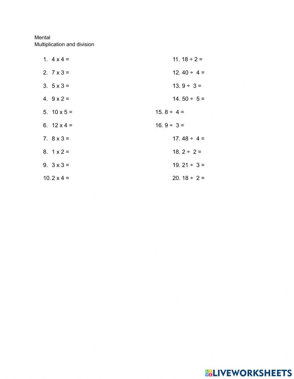 Mental Mathematics | Live Worksheets