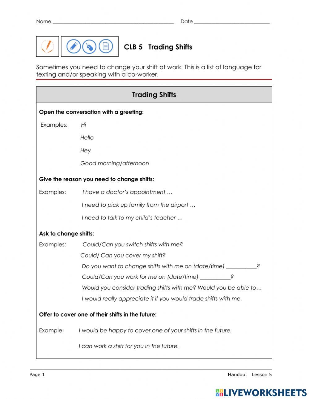 Trading shifts - Examples of Language