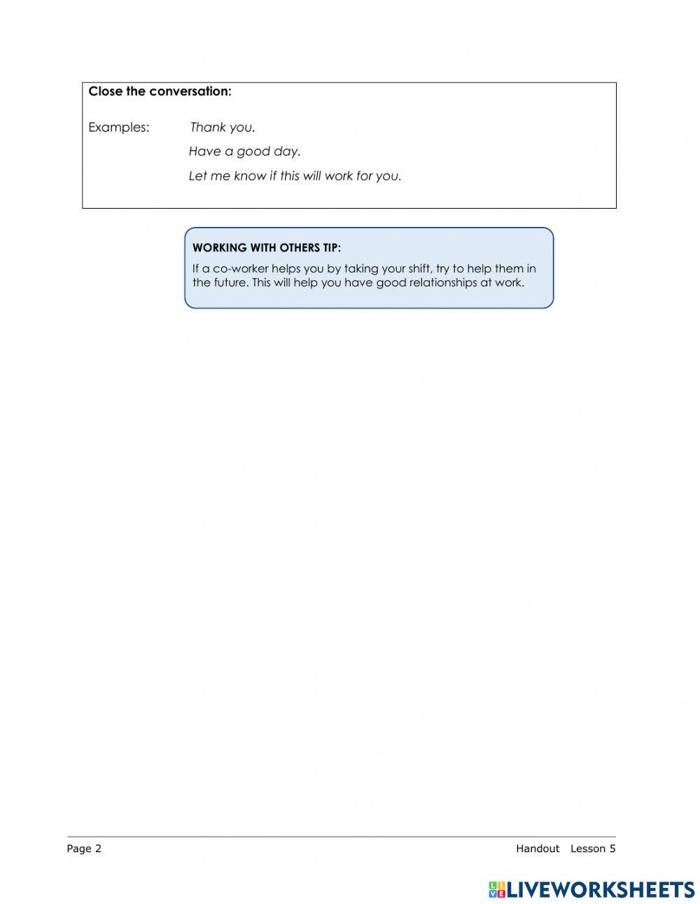 Trading shifts - Examples of Language