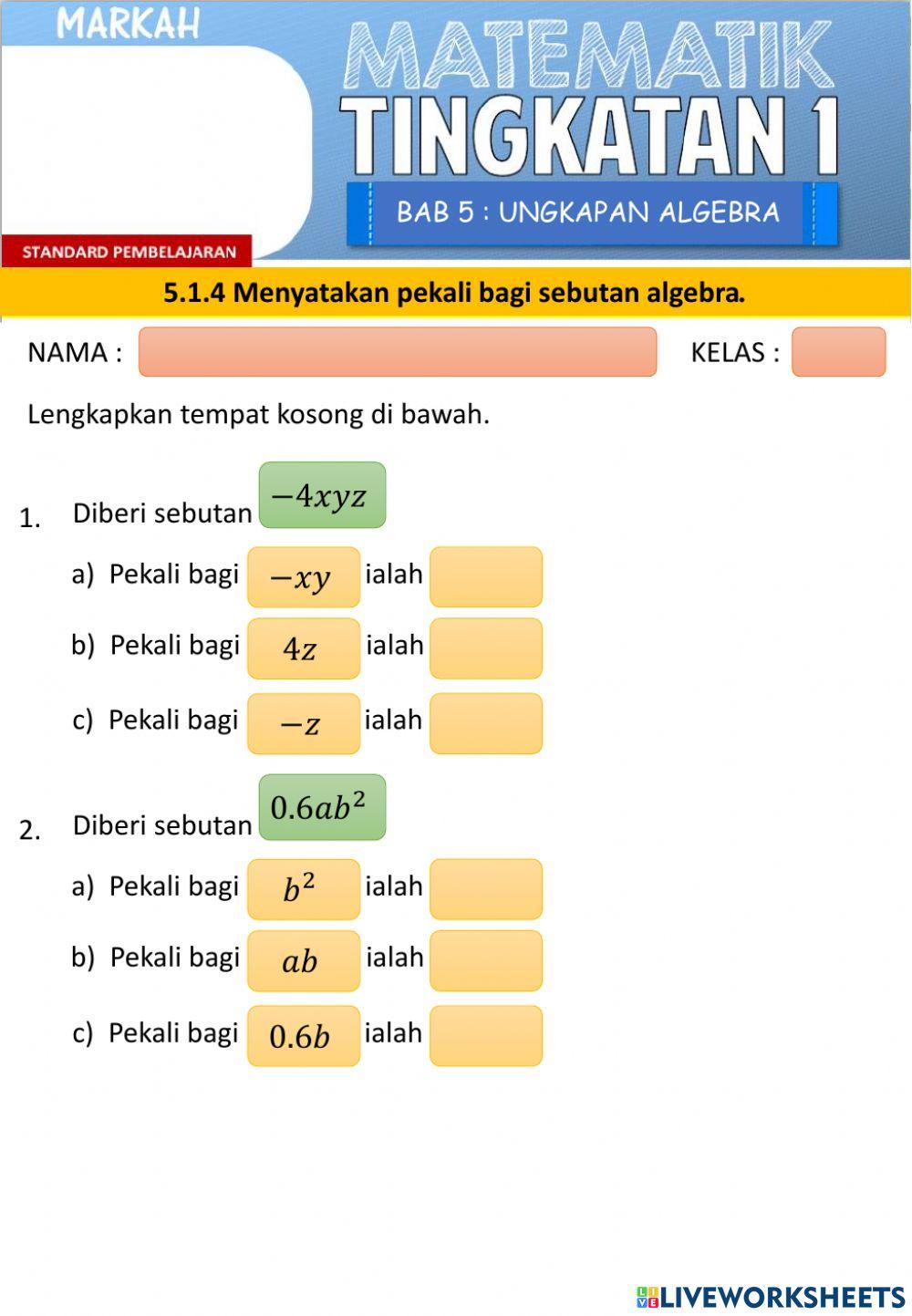 Mat t1 bab 5 menyatakan pekali