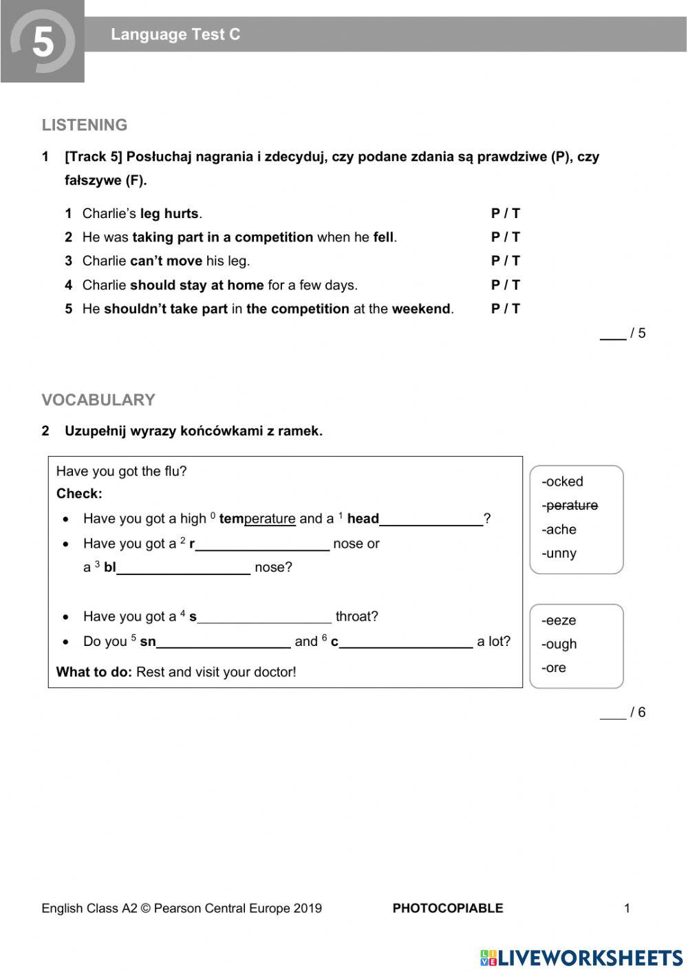 English Class A2 Unit 5 test C