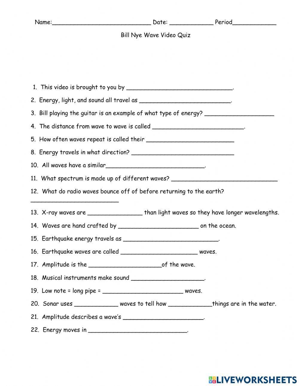 Bill Nye Waves worksheet | Live Worksheets Bill Nye Waves worksheet | Live Worksheets