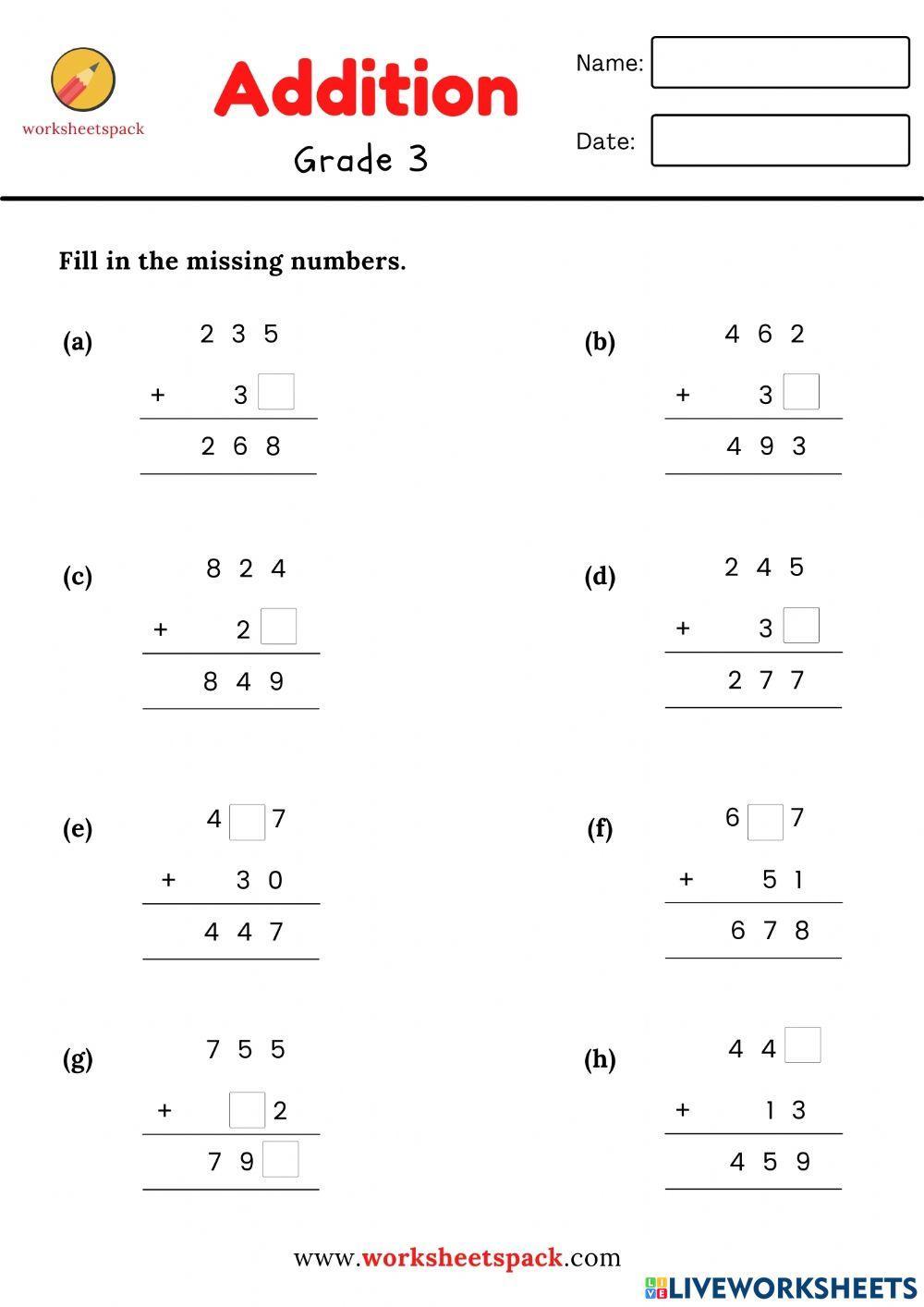 Addition fill in the missing numbers