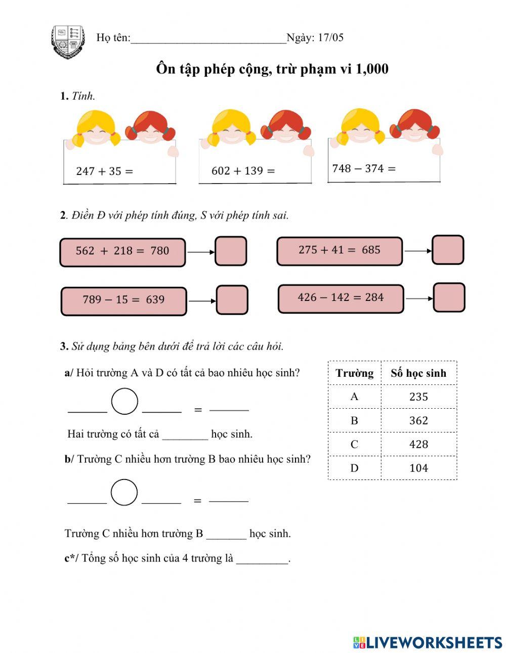 Ôn tập phép tính phạm vi 1000