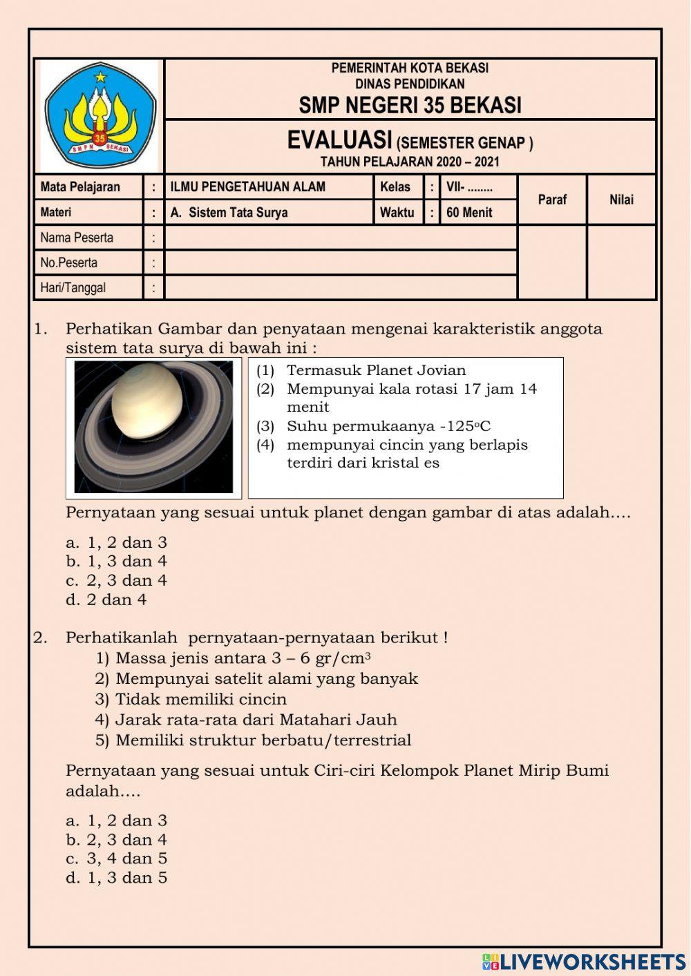 Evaluasi RPP 1 Sistem Tata Surya
