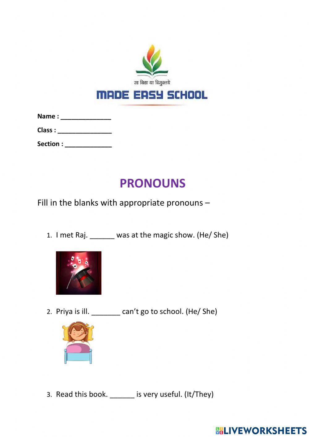 1014731 | Pronouns Grade 2 | vaijyanti | LiveWorksheets