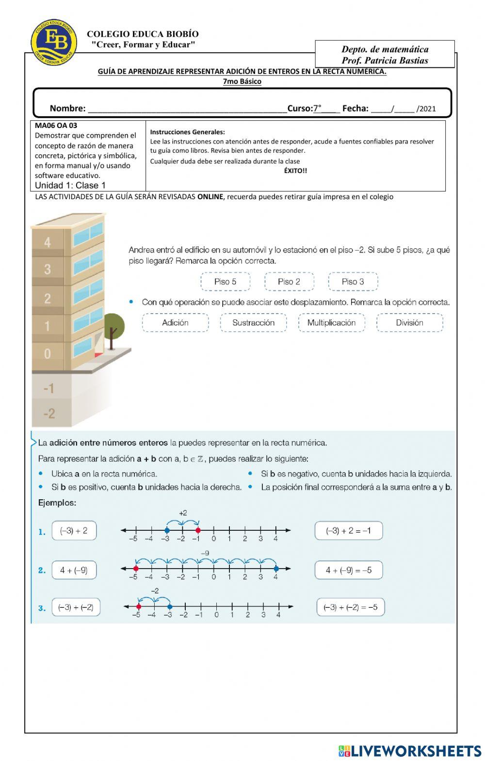 U1, Clase 1, 7° Representar adición de enteros en la recta numérica.