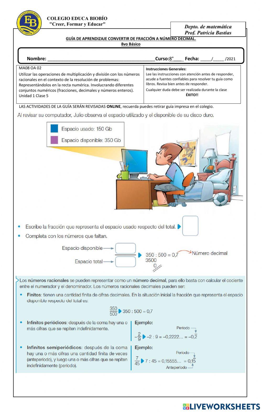 U1, Clase 5, 8° Convertir de fracción a número decimal. U1, Clase 5, 8° Convertir de fracción a número decimal.