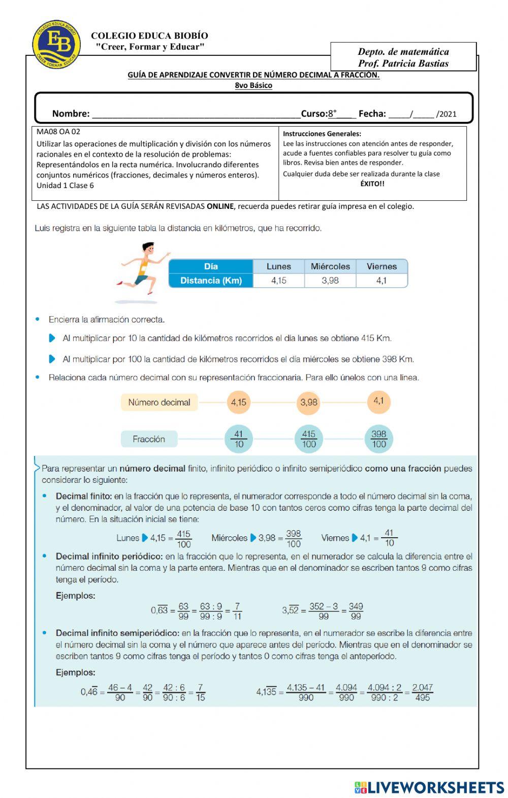 U1, Clase 6, 8° Convertir de número decimal a fracción. U1, Clase 6, 8° Convertir de número decimal a fracción.