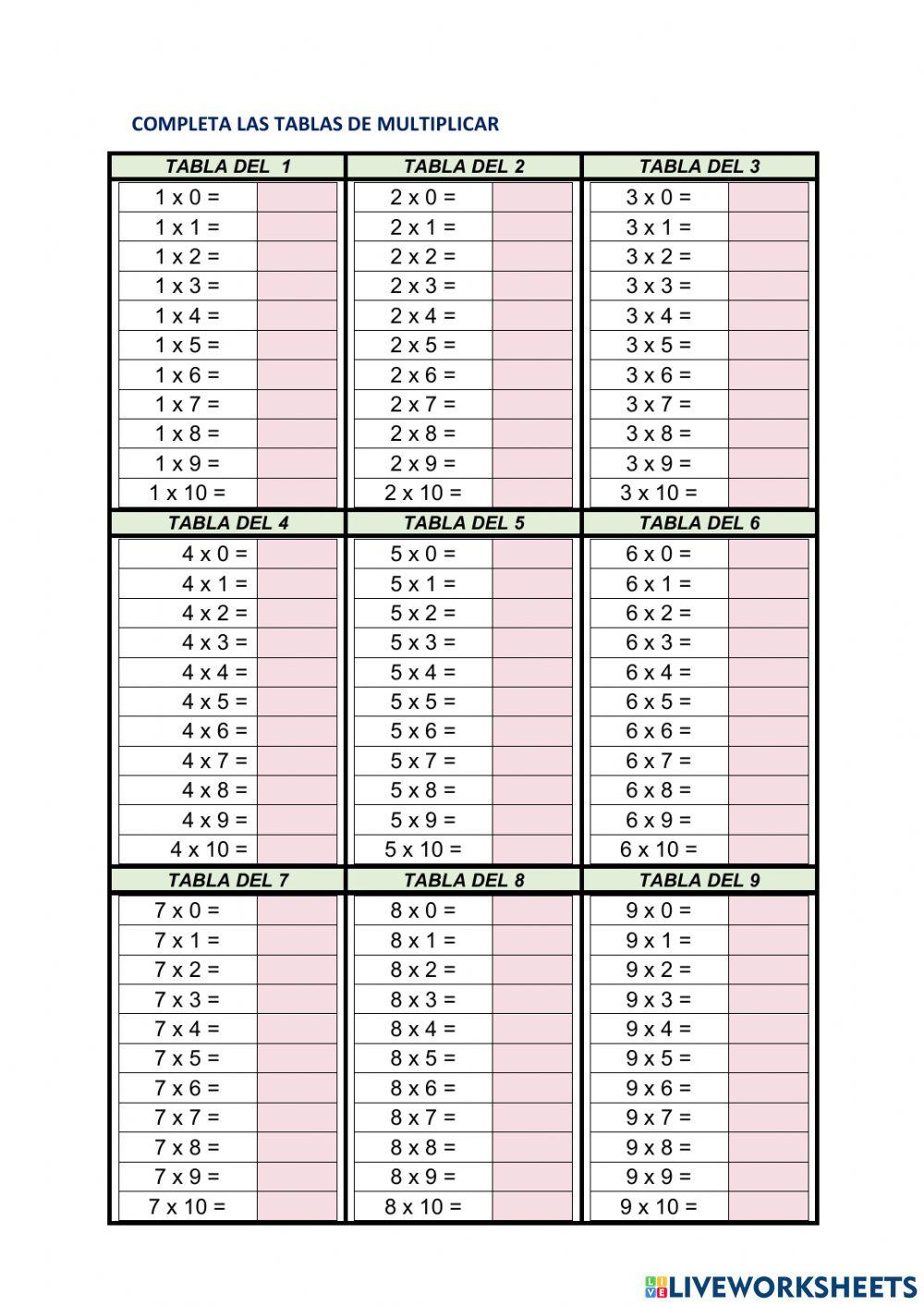 Tablas de multiplicar online exercise for SEGUNDO | Live Worksheets