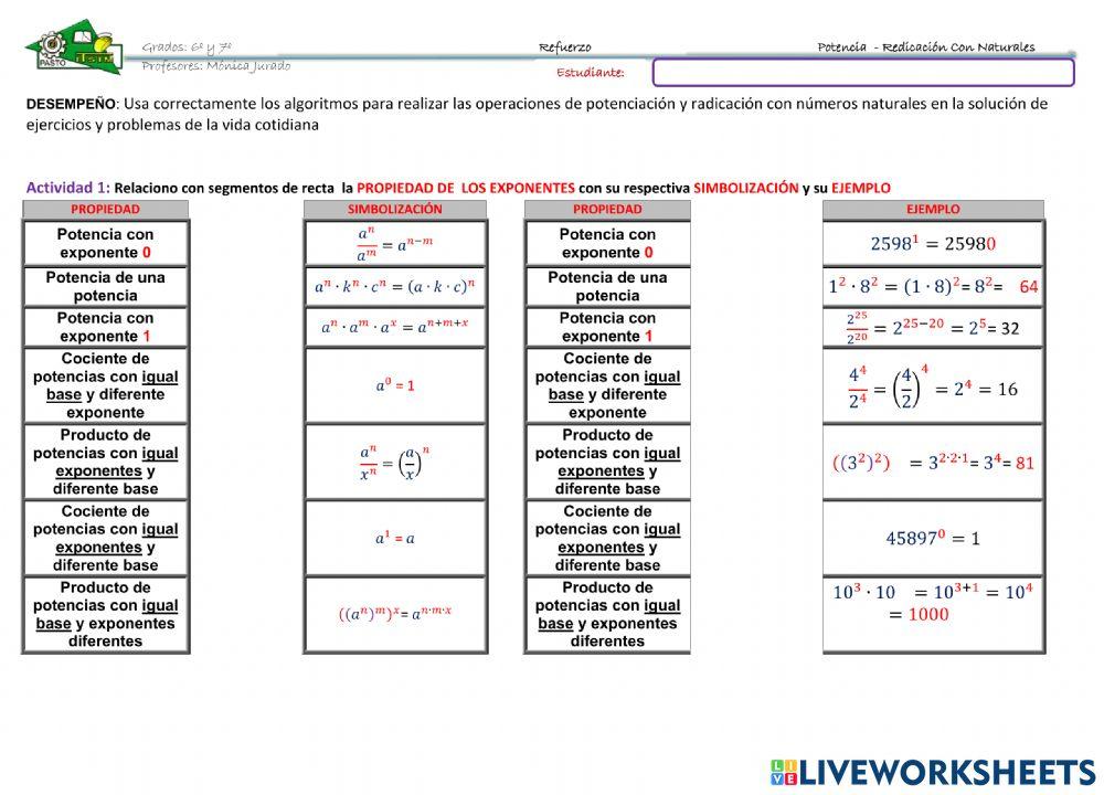 REFUERZO PORTENCIAS - RADICALES EN LOS NATURALES 6º - 7º
