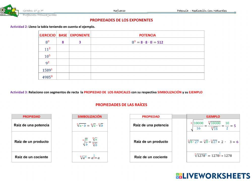 REFUERZO PORTENCIAS - RADICALES EN LOS NATURALES 6º - 7º
