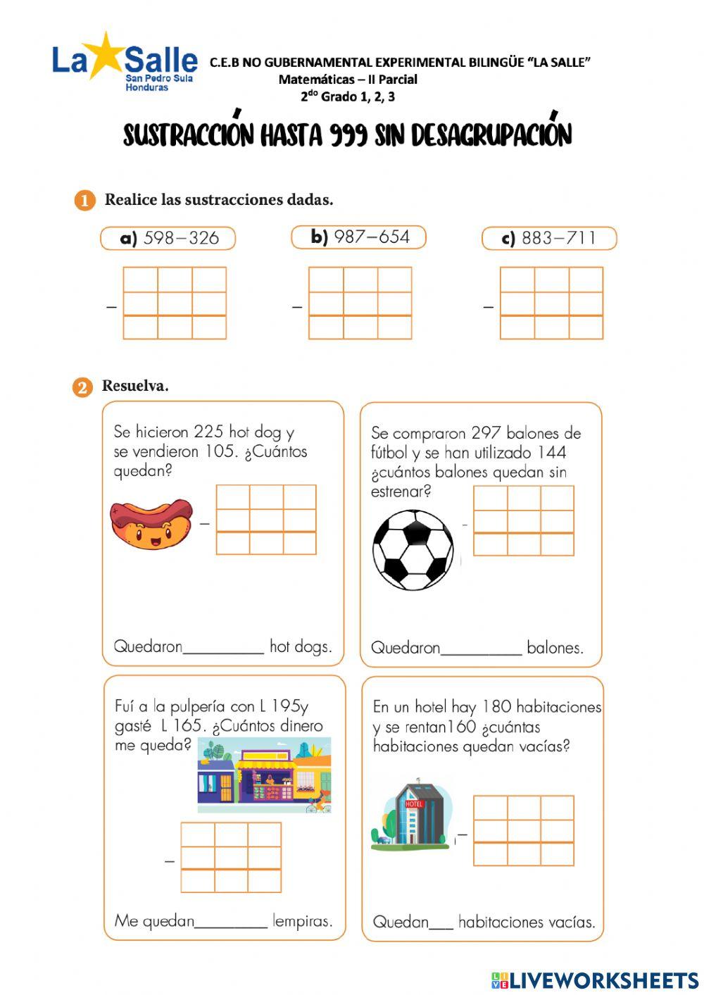 Sustracción hasta 999 sin desagrupación