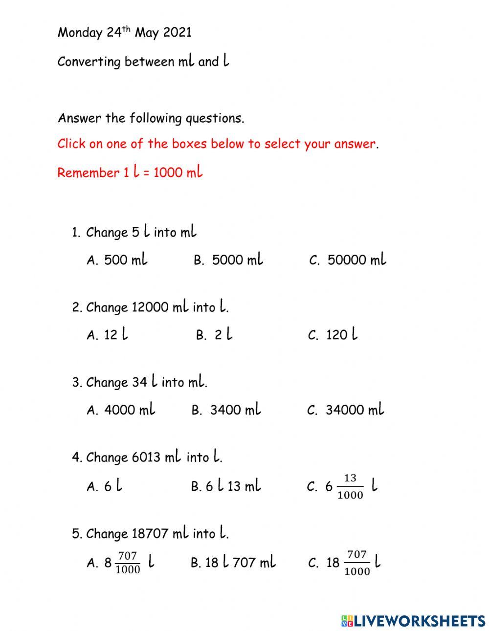 Converting between litres and millilitres