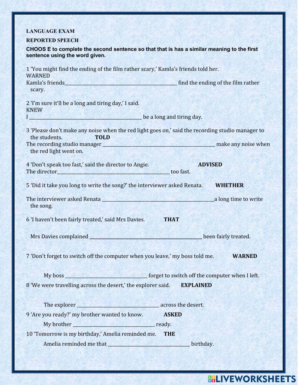 Reported speech LANGUAGE EXAM