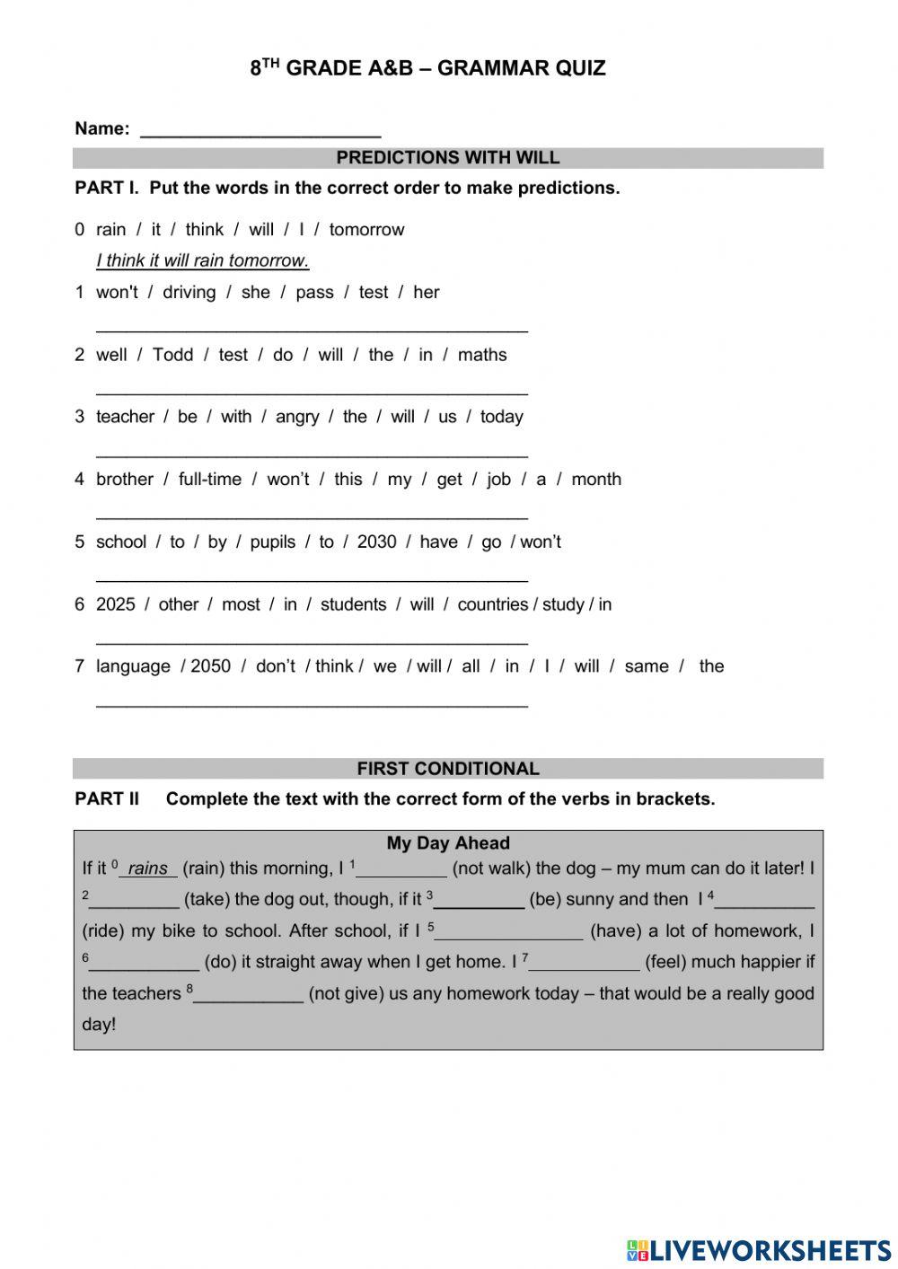 Grammar quiz - predictions-first conditional