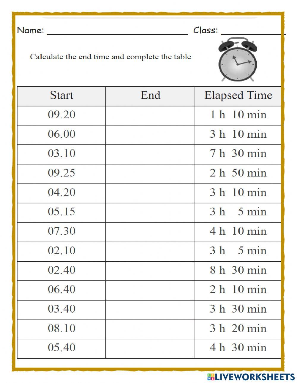 End time worksheet live worksheets