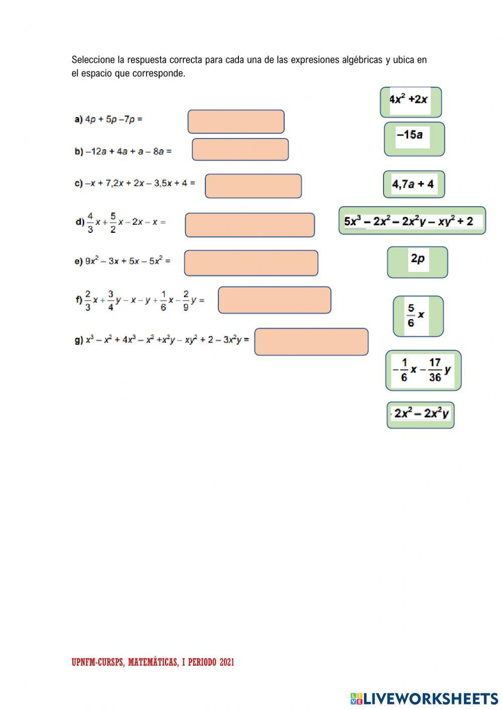 Actividad de expresiones algebraicas