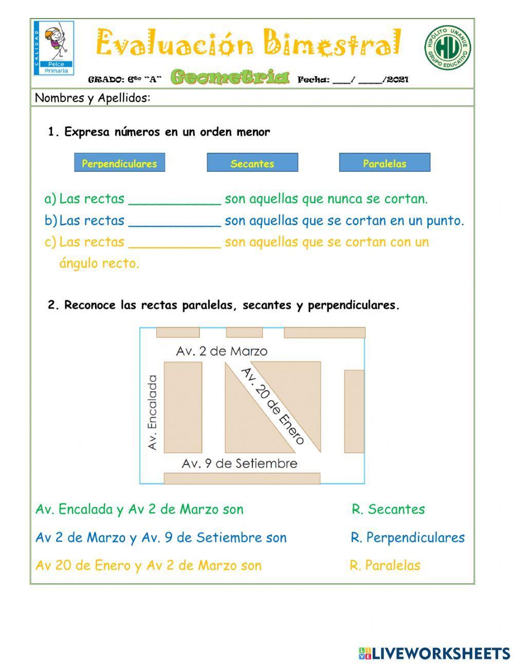 Examen Bimestral Primaria Geometría 6to