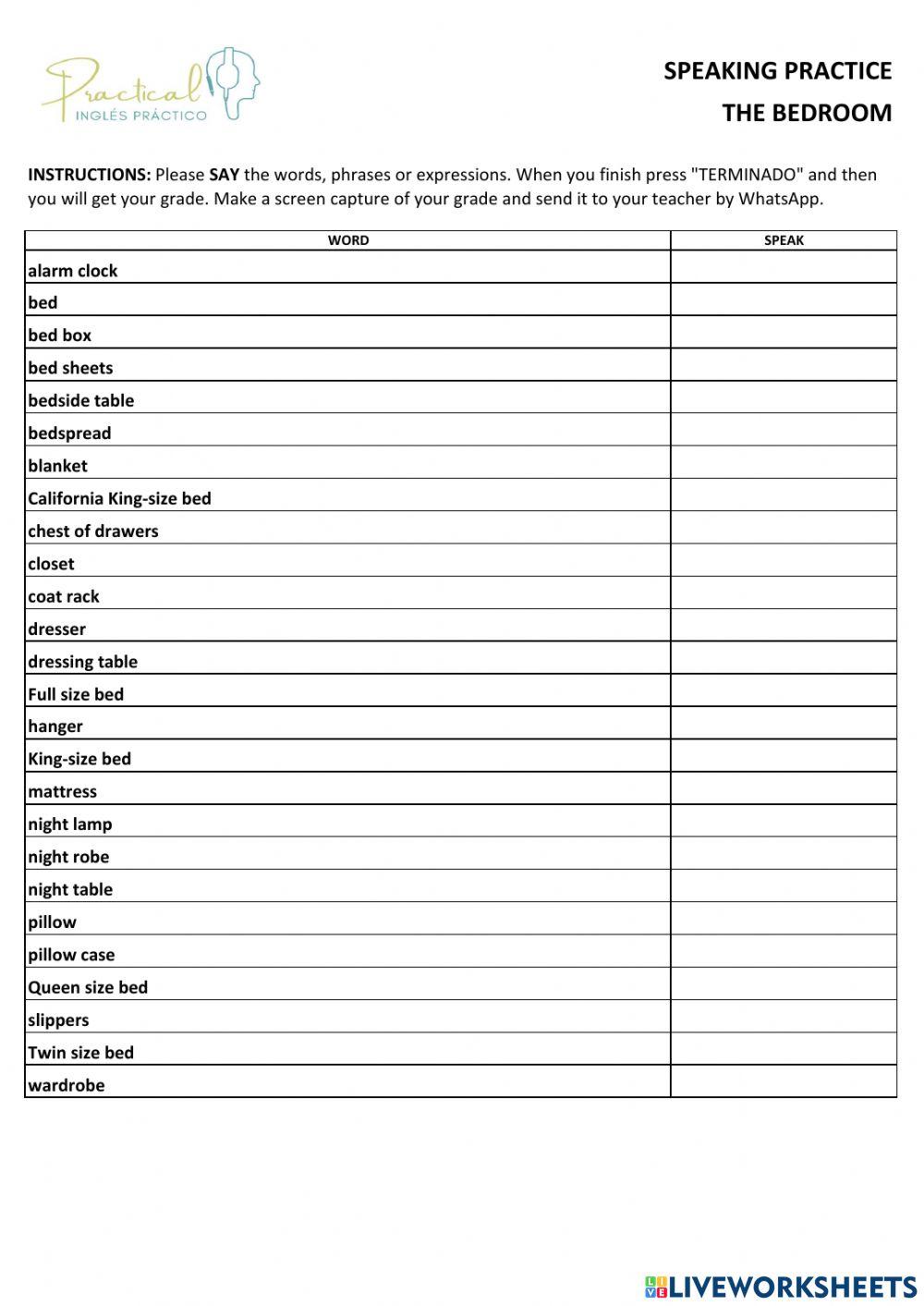 Speaking practice - the bedroom