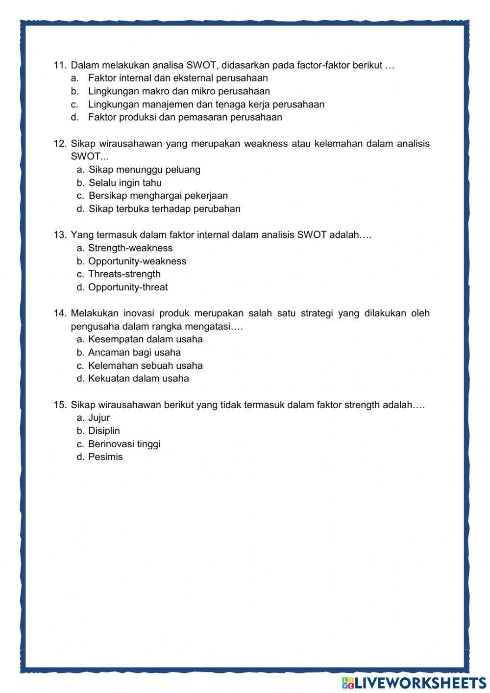 SOAL EVALUASI ANALISIS SWOT