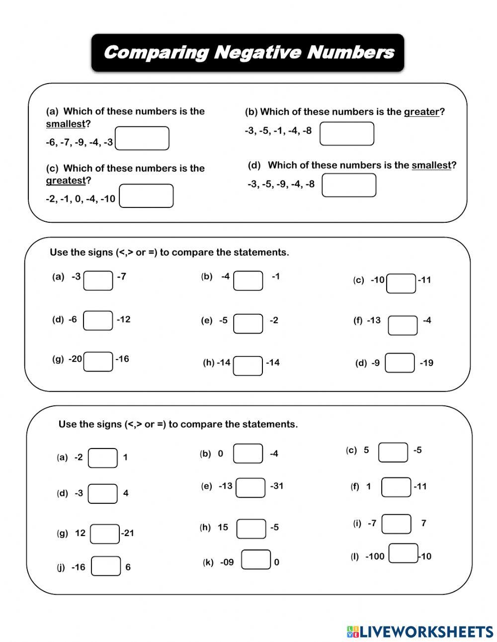 Comparing Negative and Positive Numbers worksheet | Live Worksheets Comparing Negative and Positive Numbers worksheet | Live Worksheets