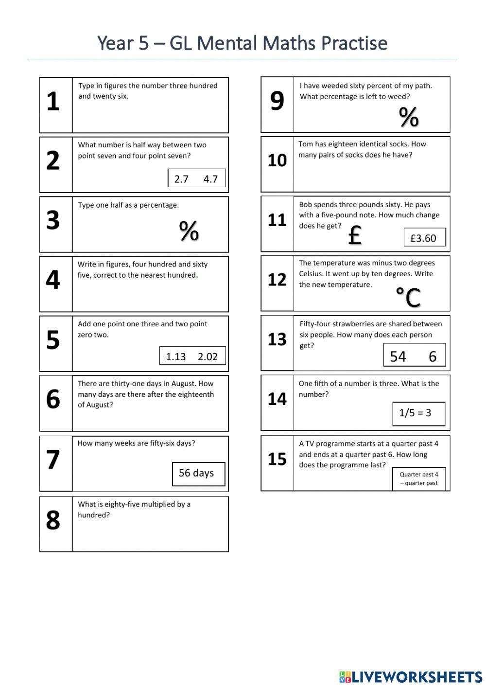 Mental Maths Focus - Whole test