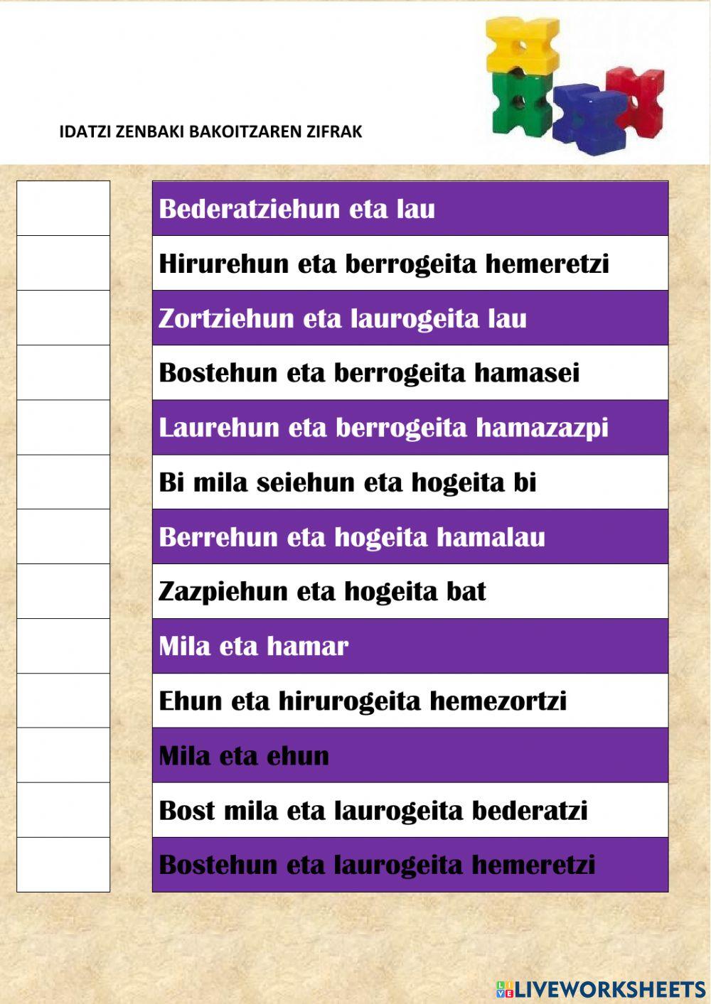 Zenbakien zifrak idatzi Zenbakien zifrak idatzi