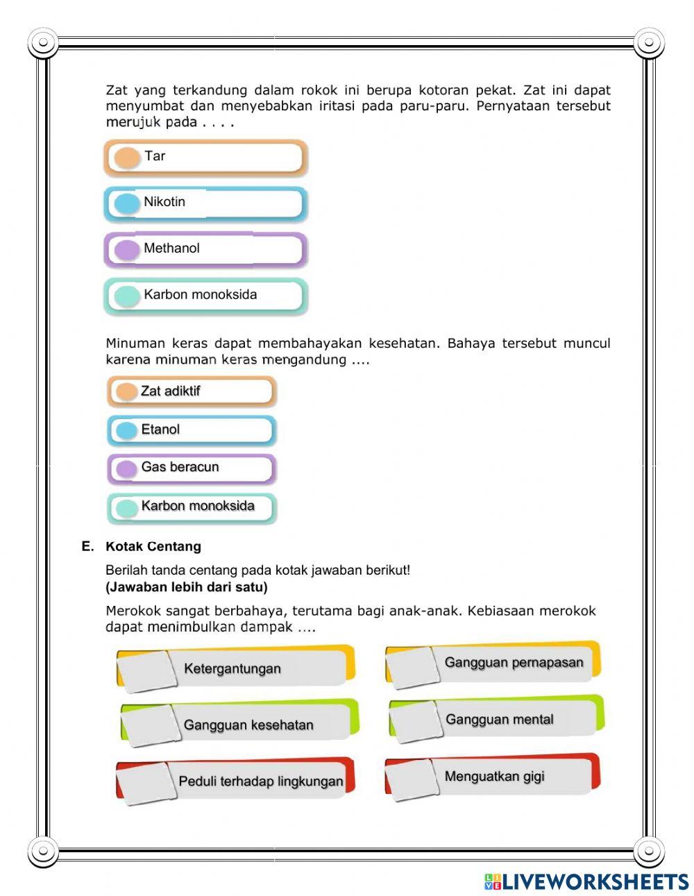 Latihan Soal Bahaya Rokok, Miras dan Narkoba