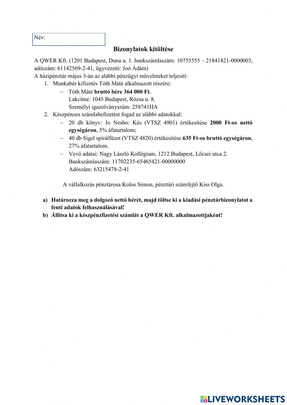 Számla, kiadási pénztárbizonylat