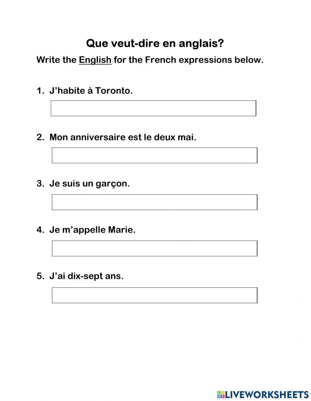 Que veutdire en anglais? interactive worksheet Live Worksheets