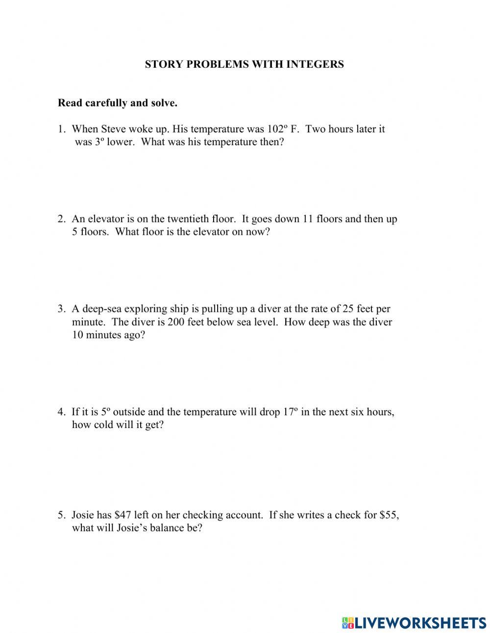 Integer word problems online exercise for live worksheets