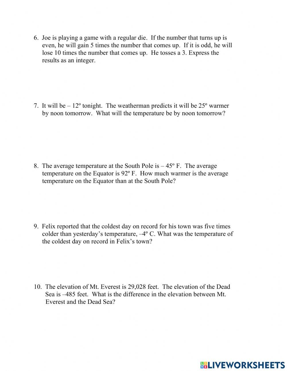 Integer word problems online exercise for live worksheets