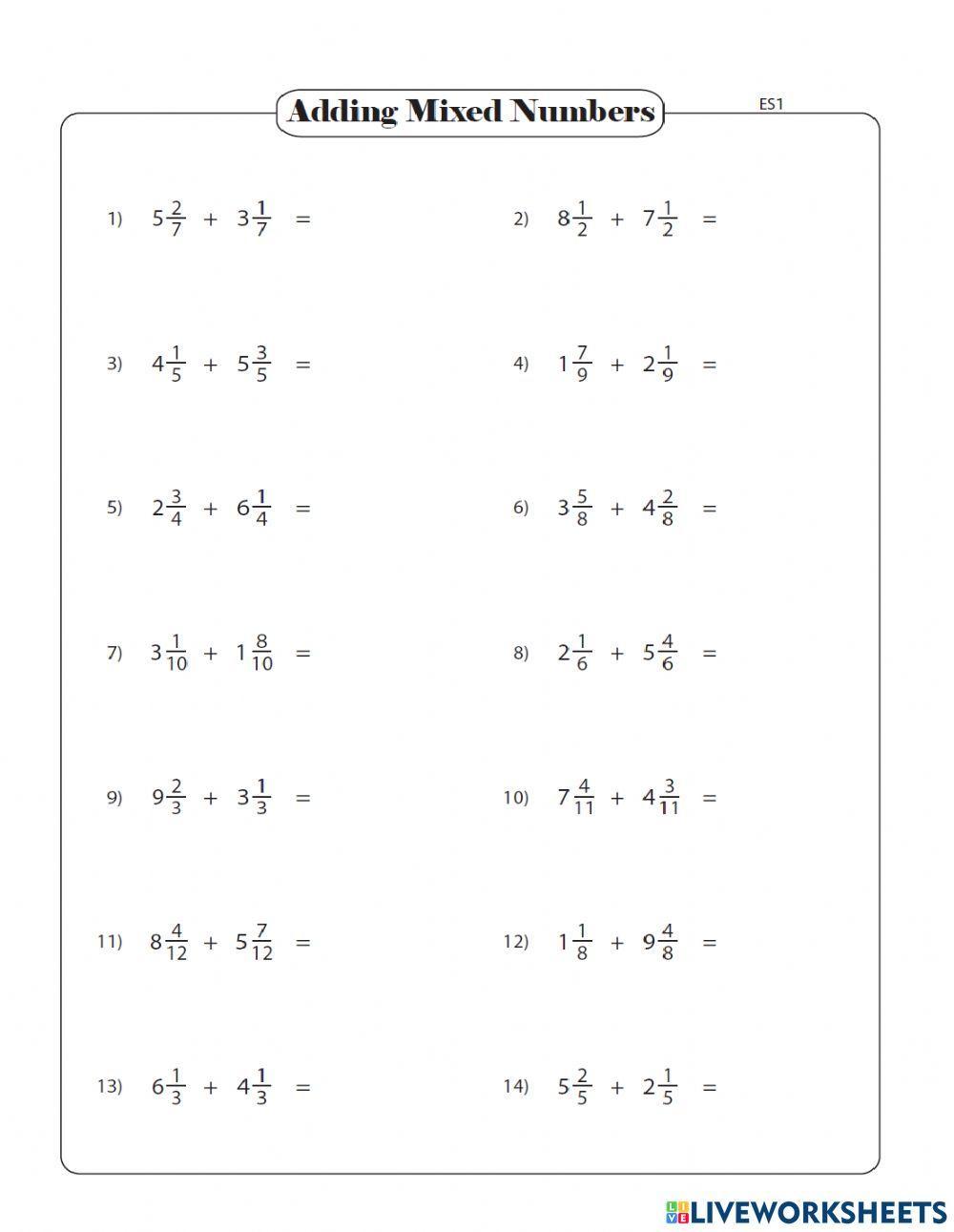 Adding mixed numbers 1 interactive worksheet Live Worksheets