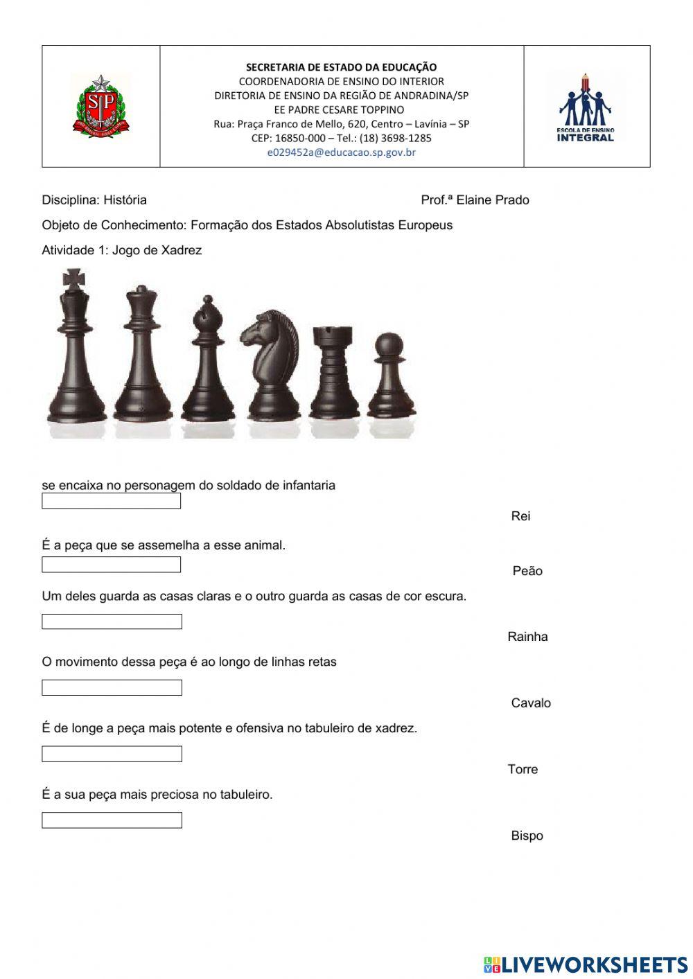 História do xadrez worksheet