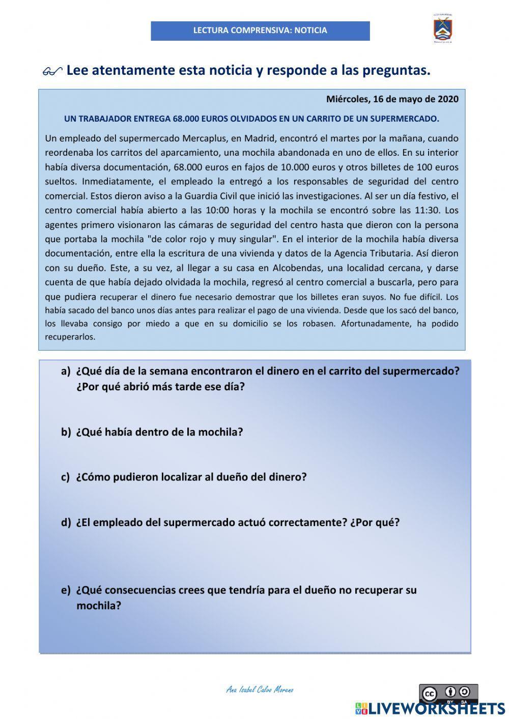 Lectura comprensiva una noticia 4º