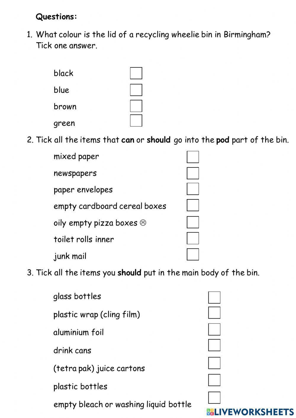 Reading comprehension about recycling in Birmingham