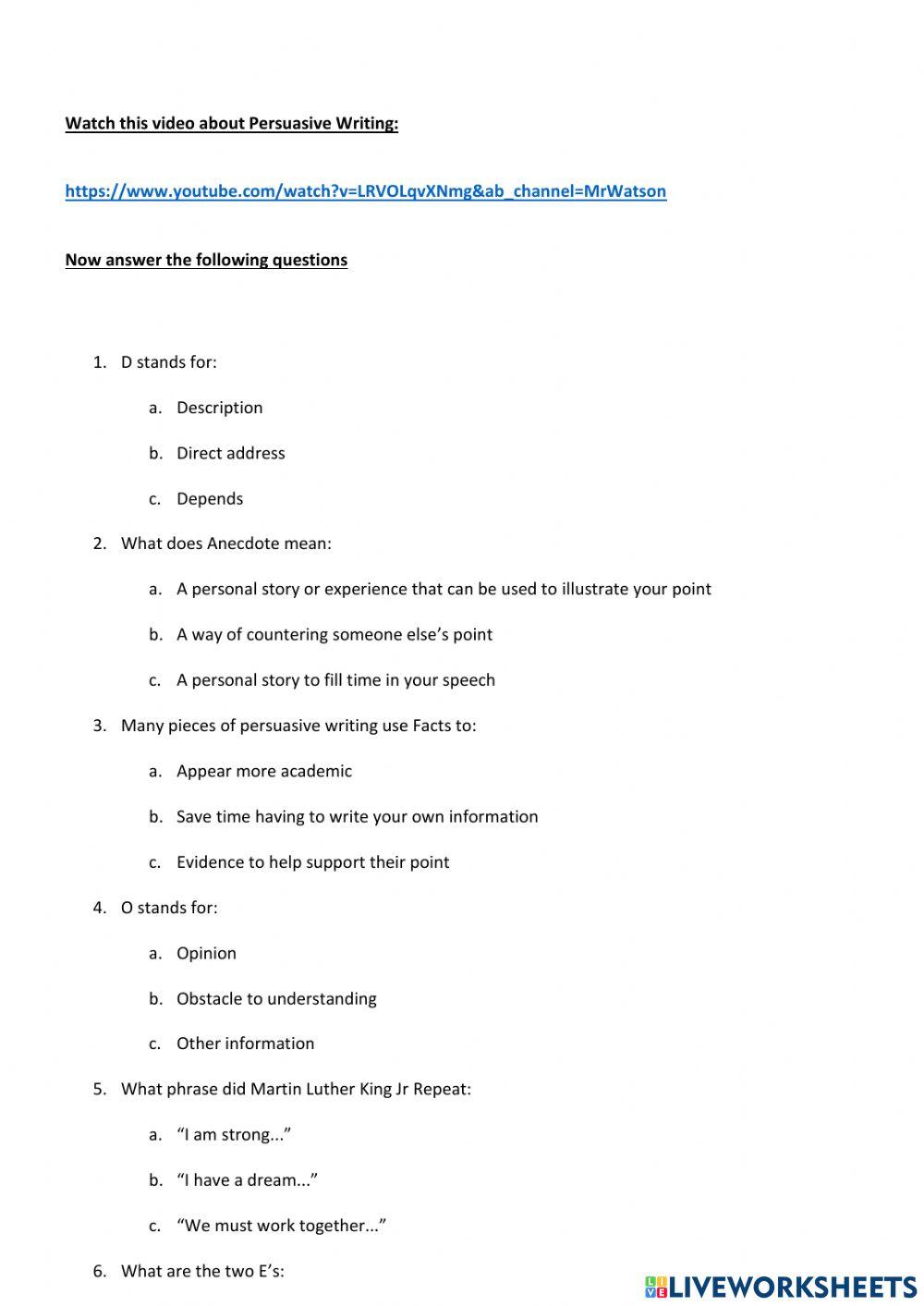 Grade 8 Persuasive Writing worksheet