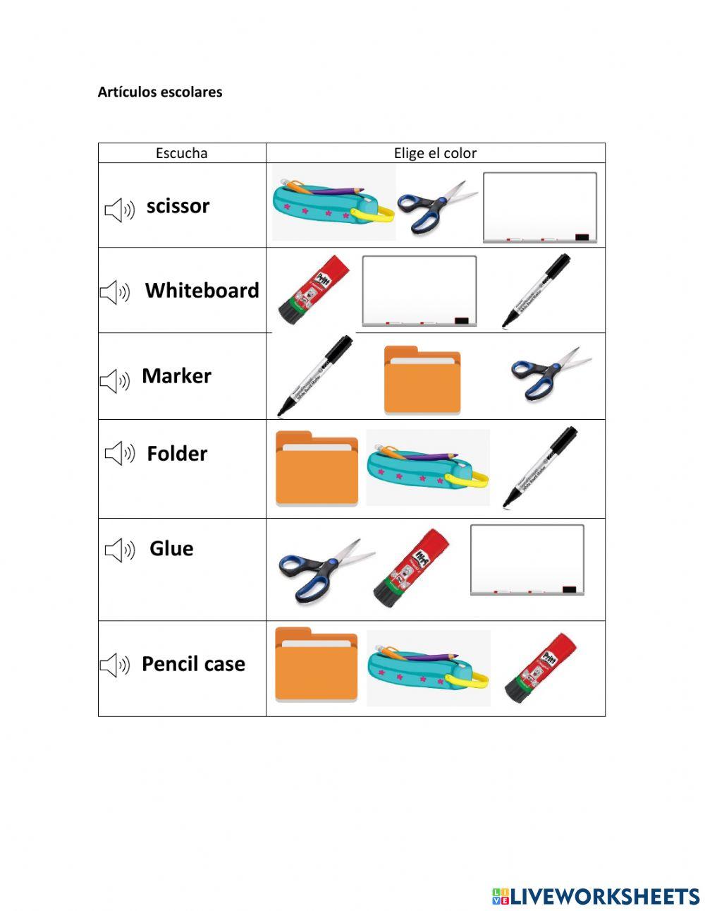 Repaso colores, números y artículos escolares