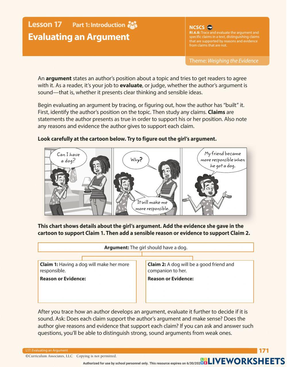 Evaluating Arguments Worksheet