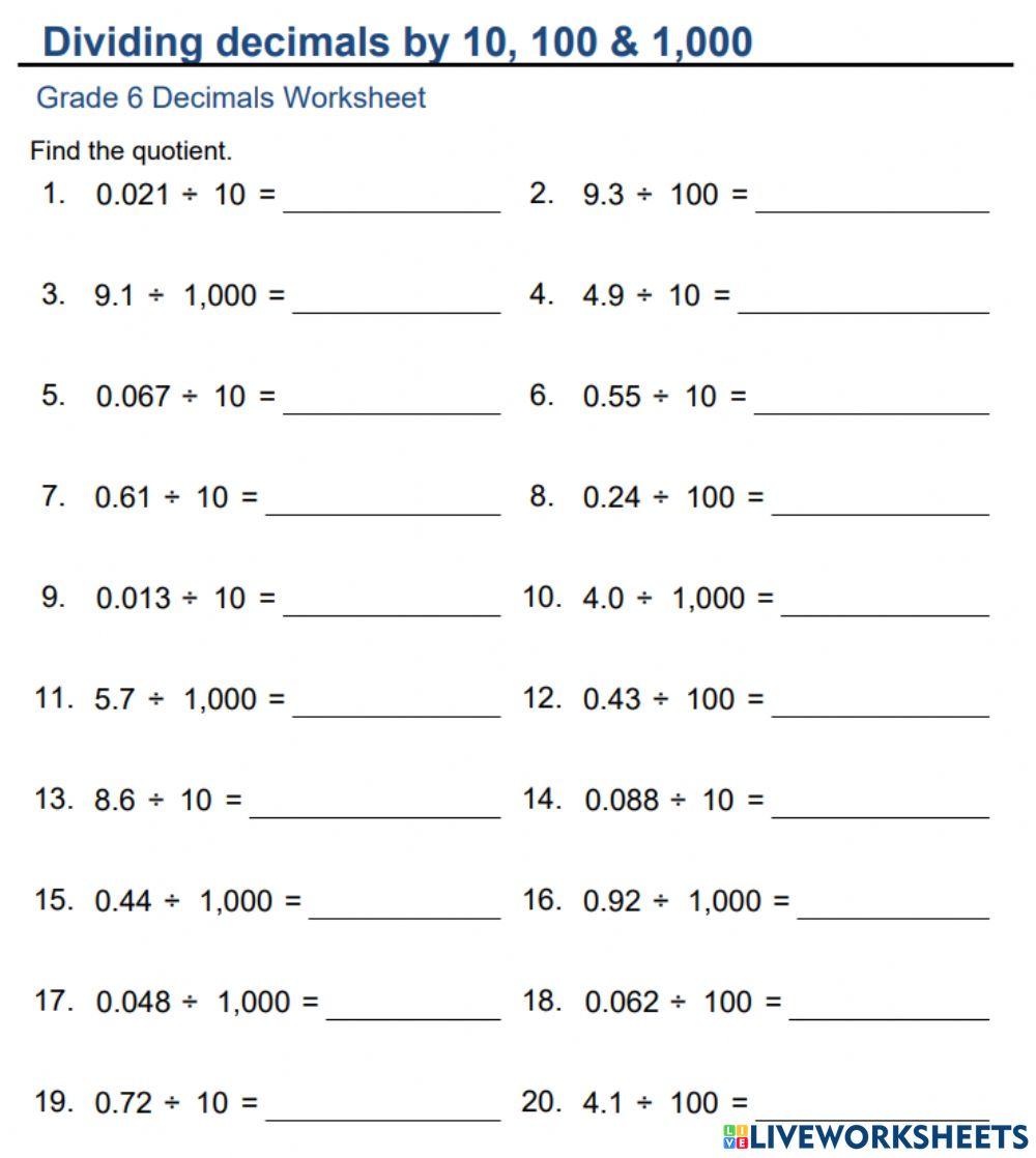 Divide decimals with 10, 10, 1000