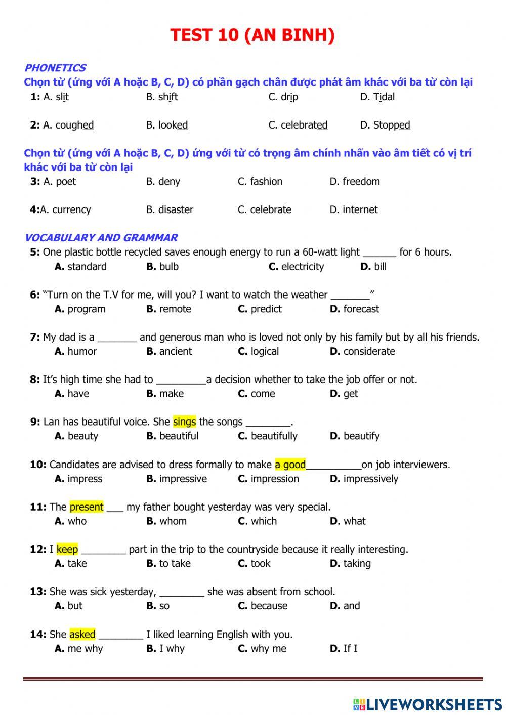 tuyen sinh 10 test 10