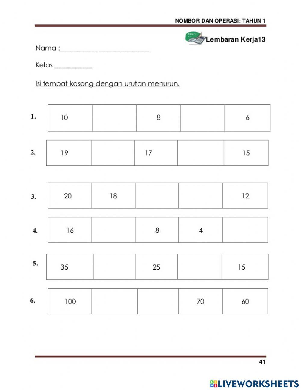Rangkaian nombor TERTIB MENURUN tahun 1