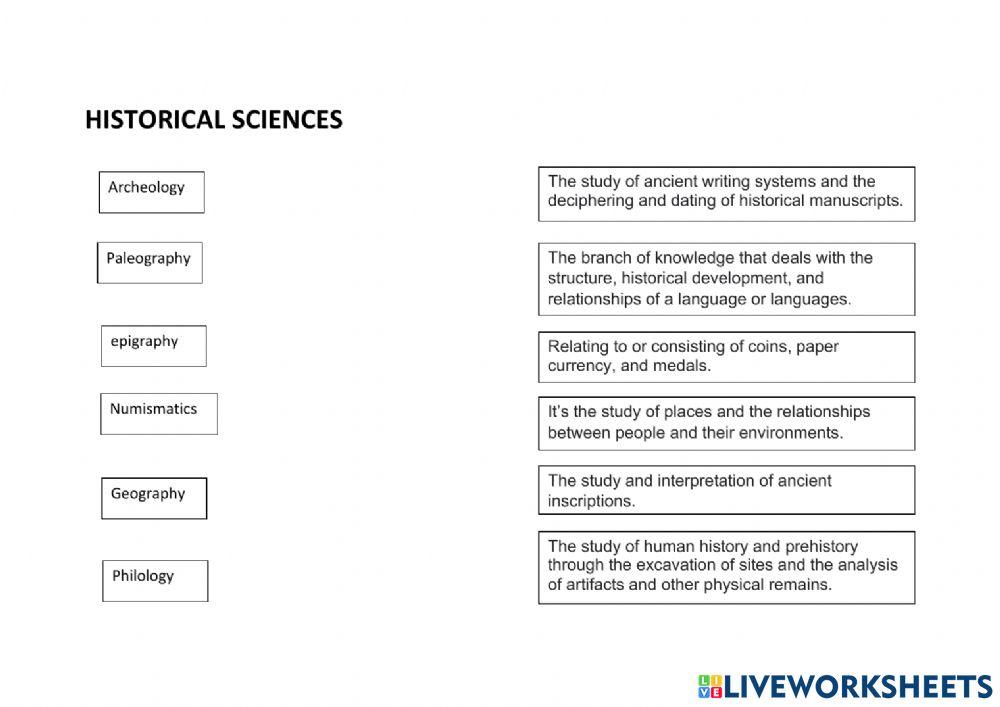 Historical Sciences definitions worksheet | Live Worksheets