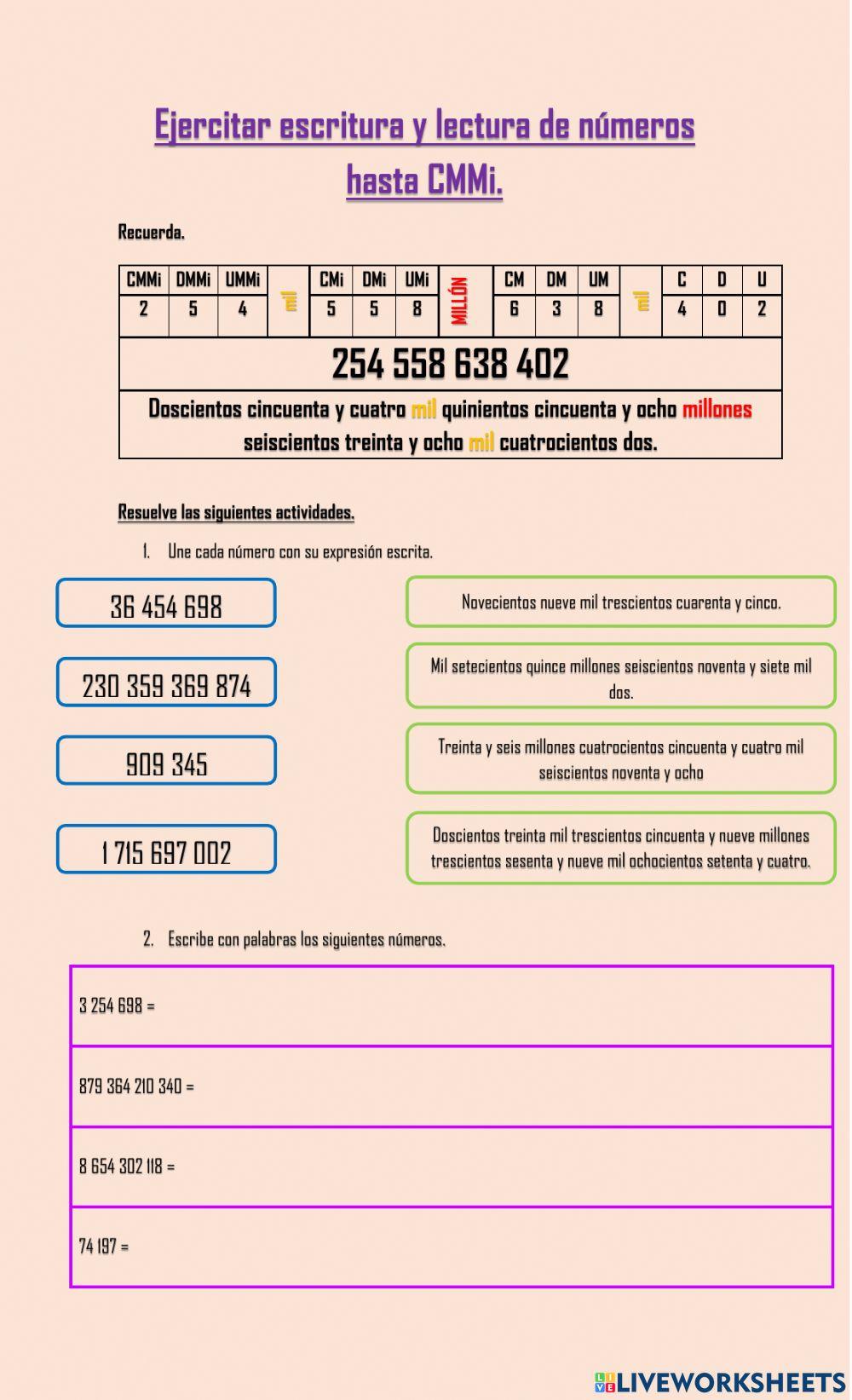 Lectura y escritura de números hasta CMMi