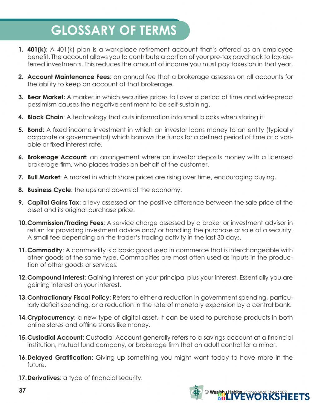 Wealthy Habits Glossary of Terms CWS worksheet | Live Worksheets