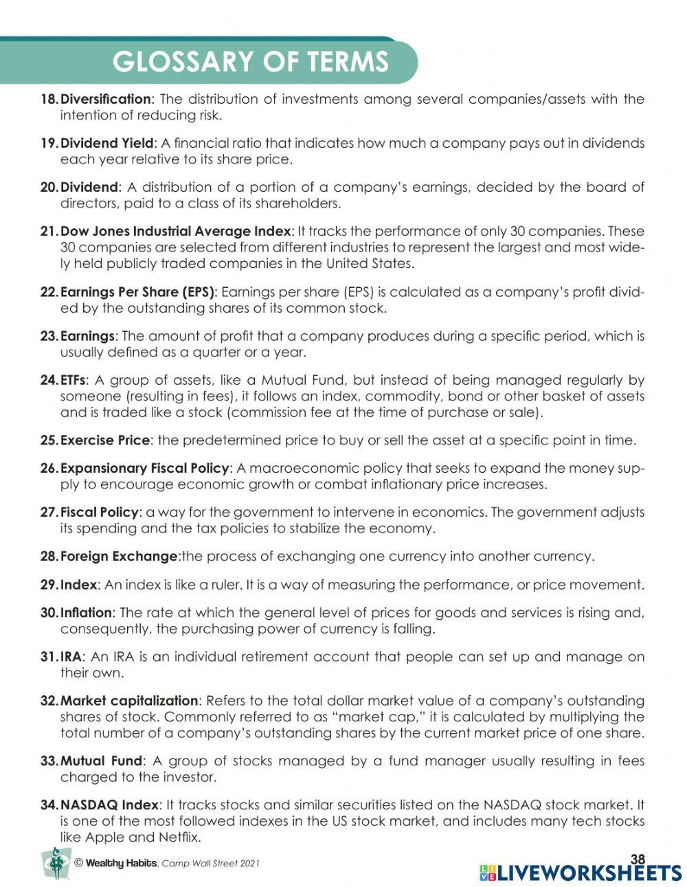 Wealthy Habits Glossary of Terms CWS worksheet | Live Worksheets